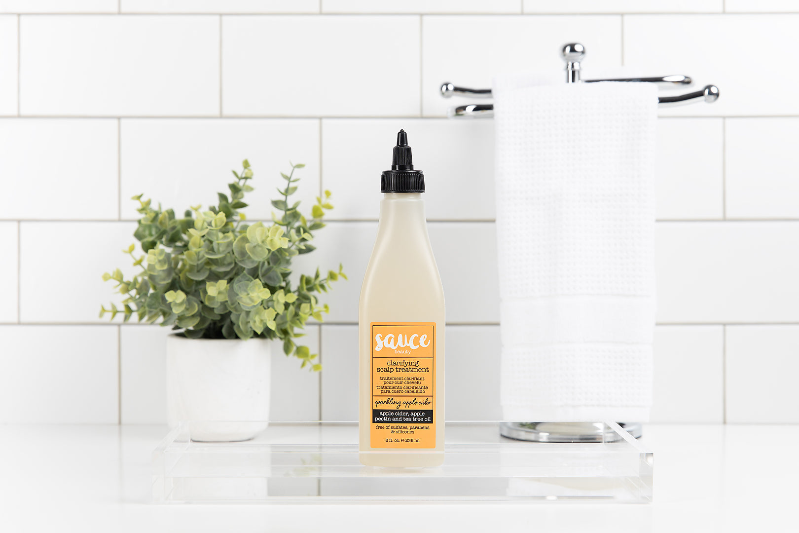 Sauce Beauty Clarifying Scalp Treatment Sparkling Apple Cider Bottle In Bathroom