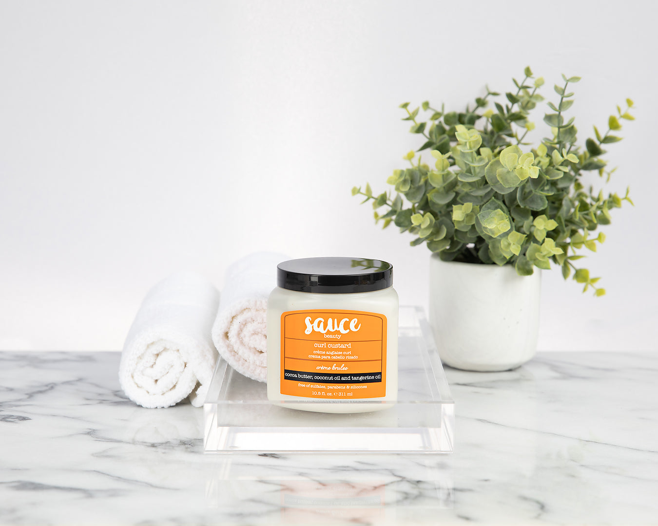 Sauce Beauty Curl Custard Creme Brûlée Jar In Bathroom Setting